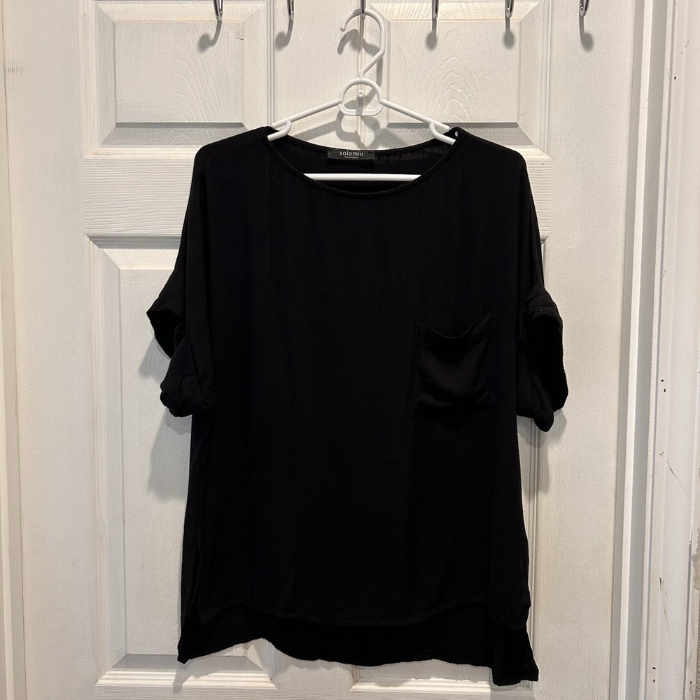 Solemio Womens Black Rayon Short Sleeve Pocket Tee High Low Top S Lagenlook